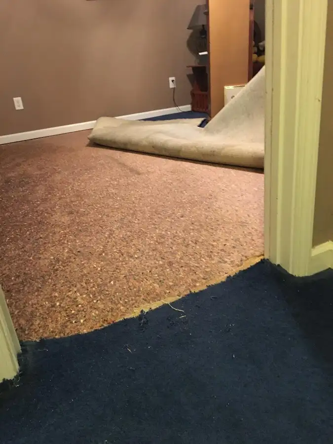 Carpet pad removal revealing water damage during Drying & Dehumidification in Atherton